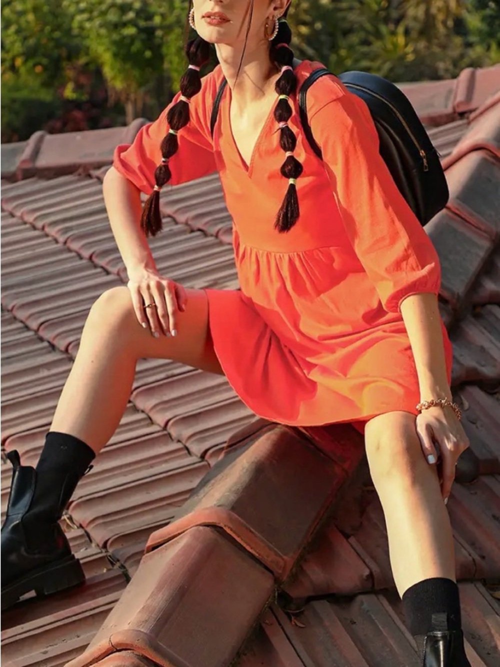 Mango 100% Cotton Bright Orange V‑Neck Babydoll Mini Dress